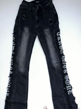 High-Rise Black Distressed Women’s Jeans with White Side Script